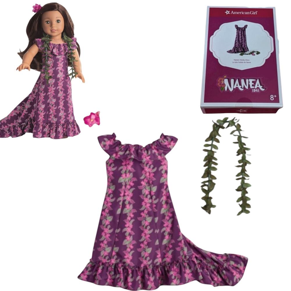American Girl Nanea Holoku Dress Set Hawaii Gown Lei Orchid Hair Flower New Box